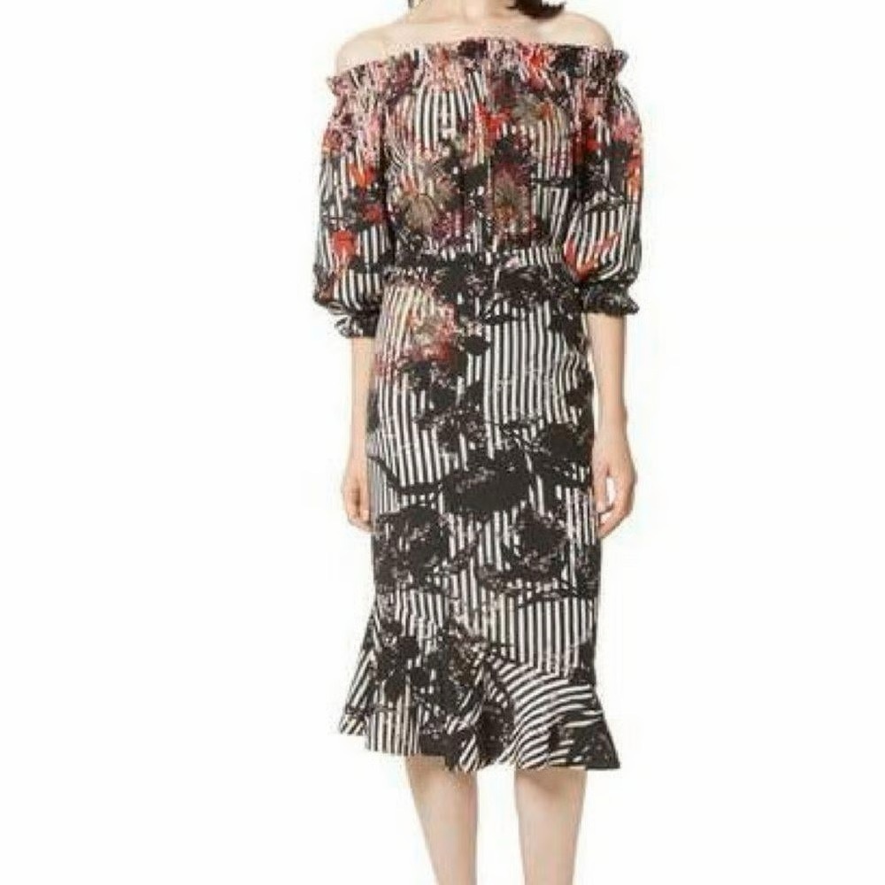 Saloni Grace Floral Silk Off Shoulder Midi Dress Size 8